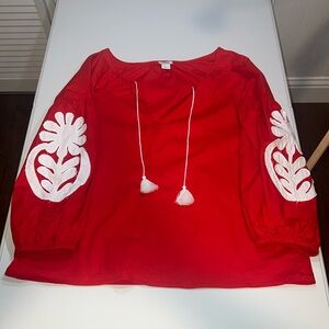 J.CREW Red Peasant Top Floral Appliqué Tassel Tie Boho Blouse - S